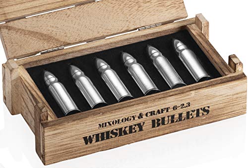 Whiskey Stone Bullets Gift Set - Stainless Steel Bullet shaped Whiskey Stones in a Wooden Army Crate | Reusable Bullet Ice Cube for Whiskey | Whiskey Gift Set for Men, Dad, Husband, Boyfriend (Silver)