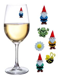 simply charmed gnome wine glass charms – magnetic drink markers with flower, bee and frog – set of 6 stemless glass identifiers