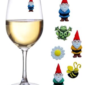 Simply Charmed Gnome Wine Glass Charms - Magnetic Drink Markers with Flower, Bee and Frog - Set of 6 Stemless Glass Identifiers