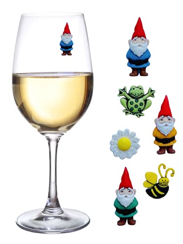 Simply Charmed Gnome Wine Glass Charms - Magnetic Drink Markers with Flower, Bee and Frog - Set of 6 Stemless Glass Identifiers