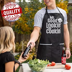 ALLER HOME&KITCHEN Aprons for Men. Mr Good Looking Black Apron with Pockets. Adjustable Kitchen Apron, Cooking Apron, Grilling BBQ Apron. Funny Apron Mens Gift