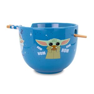star wars: the mandalorian grogu”nom nom” japanese ceramic dinnerware set | includes 20-ounce ramen noodle bowl and wooden chopsticks | asian food dish set for home & kitchen | cute baby yoda gifts