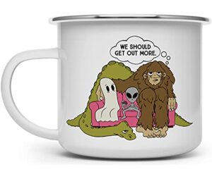 funny bigfoot sasquatch alien ghost loch ness monster enamel campfire mug, paranormal cryptid cryptozoology gift, outdoor camping coffee cup (16oz)