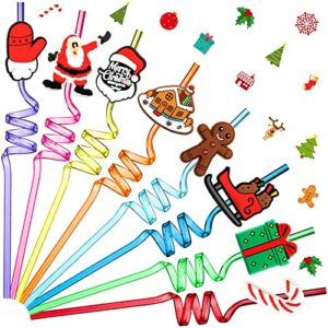 lauwell 24 pcs christmas drinking straws reusable plastic xmas theme party santa claus sleigh lollipops gingerbread man hat gifts, 8 styles, one size, yellow, orange, blue, green, pink, red, purple