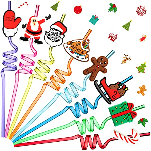 Lauwell 24 Pcs Christmas Drinking Straws Reusable Plastic Xmas Theme Party Santa Claus Sleigh Lollipops Gingerbread Man Hat Gifts, 8 Styles, One Size, Yellow, Orange, Blue, Green, Pink, Red, Purple