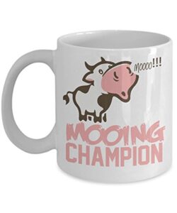 cow mug – mooing champion – premium 11 or 15oz ceramic coffee cup – cow lover gift for appreciation birthday christmas stocking stuffer