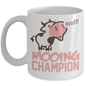 Cow Mug - Mooing Champion - Premium 11 or 15oz Ceramic Coffee Cup - Cow Lover Gift for Appreciation Birthday Christmas Stocking Stuffer