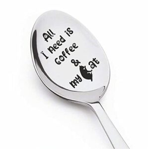 weefair all i need is coffee and my cat engraved spoon | cat lovers gift for men women | gifts for teen girl boy | friends | birthday christmas gift for pet lover | pet owner gift 7 in spoon, silver