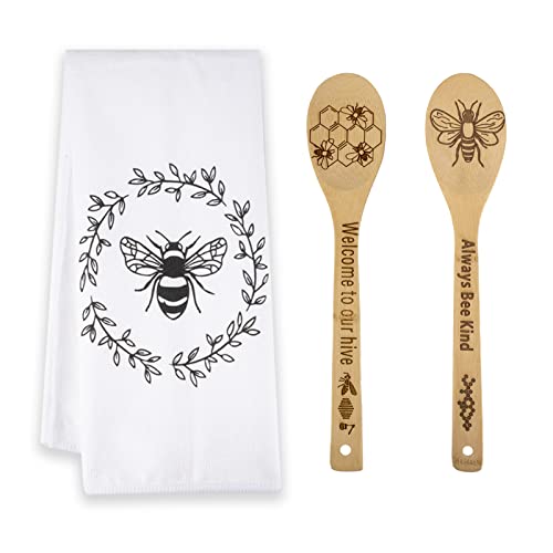 3PCS Bee Kitchen Decor,Bee Kitchen Towels,Bee Wooden Spoons,Farmhouse Kitchen Decor,Bee Decor,Bee Gifts,Bees,Bee Gifts for Bee Lovers,Bee Tea Towel,Housewarming Wedding Mom Cooking Gift