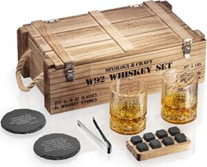 whiskey stones gift set for men | whiskey glass and stones set with wooden army crate, 8 granite whiskey rocks chilling stones and 10oz whiskey glasses | whiskey gift for men, dad, husband, boyfriend
