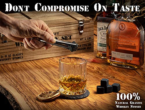 Whiskey Stones Gift Set for Men | Whiskey Glass and Stones Set with Wooden Army Crate, 8 Granite Whiskey Rocks Chilling Stones and 10oz Whiskey Glasses | Whiskey Gift for Men, Dad, Husband, Boyfriend