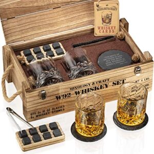 Whiskey Stones Gift Set for Men | Whiskey Glass and Stones Set with Wooden Army Crate, 8 Granite Whiskey Rocks Chilling Stones and 10oz Whiskey Glasses | Whiskey Gift for Men, Dad, Husband, Boyfriend