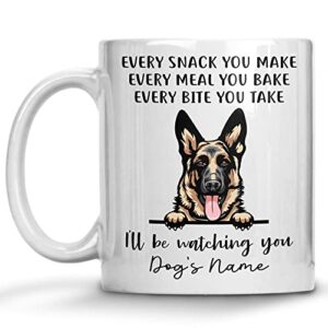 personalized german shepherd coffee mug, every snack you make i’ll be watching you, customized dog mugs for mom dad, gifts for dog lover, mothers day, fathers day, birthday presents