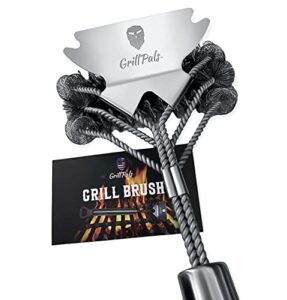 grillpals grill brush & scraper – featured on abc morning news – bbq brush for grill cleaning – stainless steel brush and handle w/ extra wide grill scraper – bottle opener included