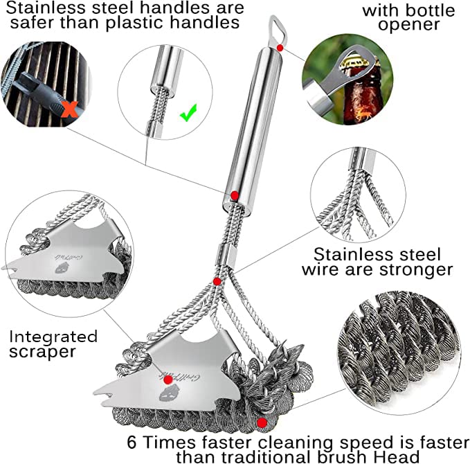 GrillPals Grill Brush & Scraper - Featured On ABC Morning News - BBQ Brush for Grill Cleaning - Stainless Steel Brush and Handle w/ Extra Wide Grill Scraper - Bottle Opener Included