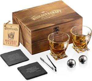 mixology glass & whiskey stones set – two 10oz glasses w/ 2 stainless steel balls wooden box – bourbon gifts for men, dad, husband, boyfriend, groomsmen, birthday ideas﻿