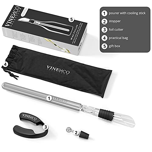 Wine Chiller Set + Foil Cutter, Stopper, Pouch, Ebook - Premium 3-in-1 Stainless Steel Bottle Cooler Stick Chill Rod, Decanting Aerator & Drip-Free Pourer | Design Bar Tasting Accessory Gift Men Women