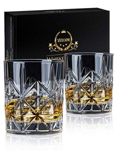 veecom whiskey glass set of 2, 10 oz crystal whiskey glasses thick bottom bourbon glasses old fashioned rocks glass tumbler for scotch, cocktail, liquor, home bar whiskey gifts for men (glass set 2)