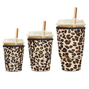 iced coffee sleeve reusable cozy drink sleeve kiatoras 3 pack neoprene insulator cup sleeve for cold drinks beverages holder for starbucks coffee, mcdonalds, dunkin donuts and more (brown leopard)