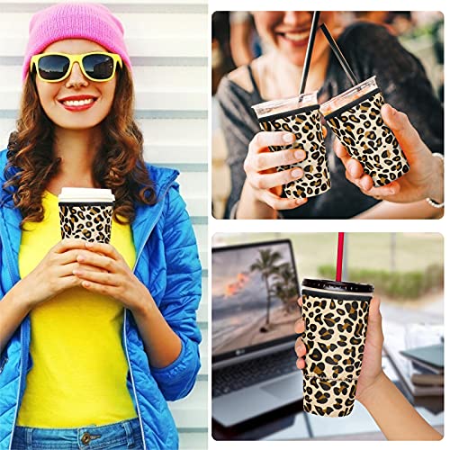 Iced Coffee Sleeve Reusable Cozy Drink Sleeve Kiatoras 3 Pack Neoprene Insulator Cup Sleeve for Cold Drinks Beverages Holder for Starbucks Coffee, McDonalds, Dunkin Donuts and More (Brown Leopard)