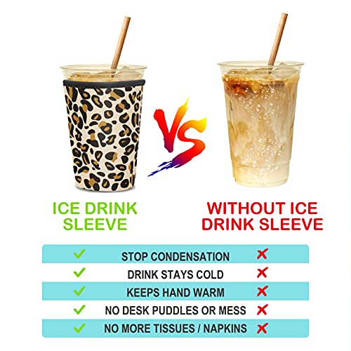 Iced Coffee Sleeve Reusable Cozy Drink Sleeve Kiatoras 3 Pack Neoprene Insulator Cup Sleeve for Cold Drinks Beverages Holder for Starbucks Coffee, McDonalds, Dunkin Donuts and More (Brown Leopard)