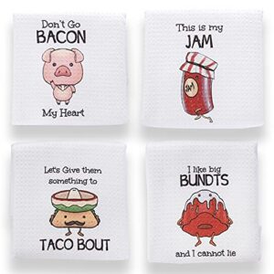 aller home & kitchen funny kitchen towels with sayings. 4pc kitchen towel set, fun pun food design incl taco. waffle weave towel, decorative funny dish towels for mom. cute kitchen towels for gifts