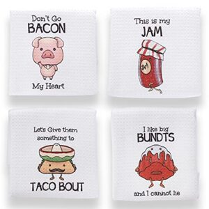 Aller Home & Kitchen Funny Kitchen Towels with Sayings. 4pc Kitchen Towel Set, Fun Pun Food Design incl Taco. Waffle Weave Towel, Decorative Funny Dish Towels for Mom. Cute Kitchen Towels for Gifts