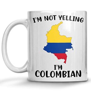 funny colombia pride coffee mugs, i’m not yelling i’m colombian mug, gift idea for colombian men and women featuring the country map and flag, proud patriot souvenirs and gifts