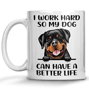 funny german rottweiler gifts coffee mug, i work hard so my dog can have a better life, dog mom dog dad mugs, dog gifts for dog owners, dog lovers gifts, dog mom gifts for women and men
