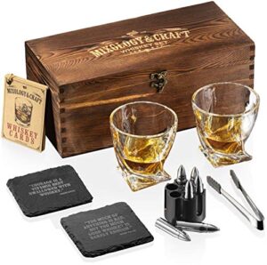 mixology whiskey stones gift set for men – pack of 2, 10 oz glasses w/ 6 stainless steel chilling bullets, 2 coasters, tongs, cocktail cards & box – bourbon gifts for birthday, wedding, or anniversary