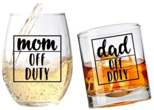 mom off duty dad off duty wine and whiskey glass set – first time parents gifts – new parents gifts for couples – gender reveal gift for mommy and daddy – best gift for expecting mother and father