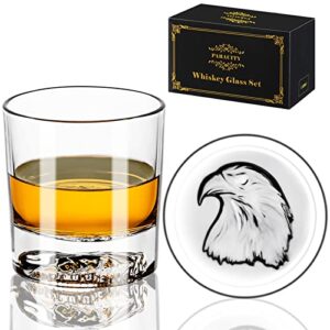 paracity whiskey glasses, eagle pattern thick bottom, old fashioned glasses for scotch, whiskey, gin, vodka, 10.6oz whiskey glasses set of 2, gift for men
