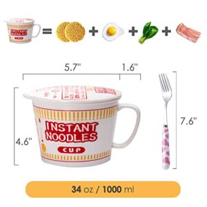 34 OZ Ceramic Ramen Bowl with Lid Instant Ramen Noodle Bowl Large Soup Bowl with Handle, Ramen Lovers Gift, Red