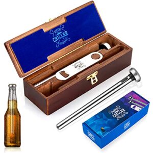 beer chiller sticks for bottles – beer gifts for men – beer lover gift featuring 2 beer chilling sticks and 1 bottle opener in an eco friendly wooden gift box – beer stick by woondulla