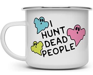 funny ghost hunter paranormal investigator enamel campfire mug, outdoor camping coffee cup, nature camp lover gift (16oz)