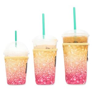 baxendale iced coffee sleeves for cold drink cups – 3 pack reusable neoprene iced coffee cup sleeve for cold drinks, compatible with starbucks dunkin and more (3 pk s/m/l, gold/pink glitter)