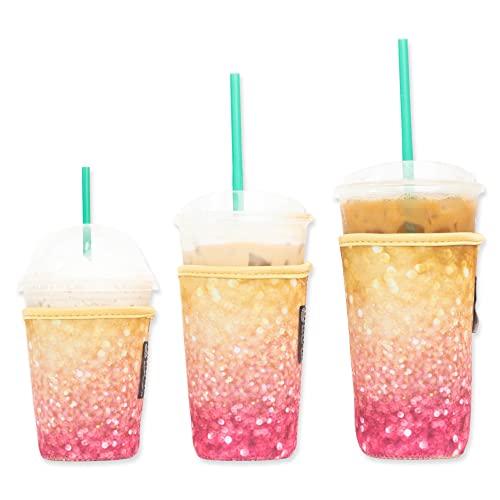 Baxendale Iced Coffee Sleeves for Cold Drink Cups - 3 Pack Reusable Neoprene Iced Coffee Cup Sleeve for Cold Drinks, Compatible with Starbucks Dunkin and more (3 PK S/M/L, Gold/Pink Glitter)