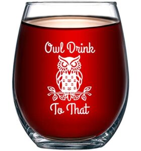 owl drink to that funny 15 ounce stemless wine glass | perfect birthday owl themed gift for men or women | owls kitchen decor and decorations | unique owl housewarming gifts