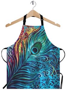 wondertify peacock feather apron,abstract blue peacocks feather bib apron with adjustable neck for men women,suitable for home kitchen cooking waitress chef grill bistro baking bbq crafting apron