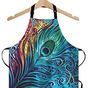 WONDERTIFY Peacock Feather Apron,Abstract Blue Peacocks Feather Bib Apron with Adjustable Neck for Men Women,Suitable for Home Kitchen Cooking Waitress Chef Grill Bistro Baking BBQ Crafting Apron