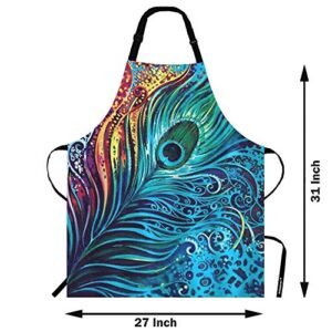 WONDERTIFY Peacock Feather Apron,Abstract Blue Peacocks Feather Bib Apron with Adjustable Neck for Men Women,Suitable for Home Kitchen Cooking Waitress Chef Grill Bistro Baking BBQ Crafting Apron