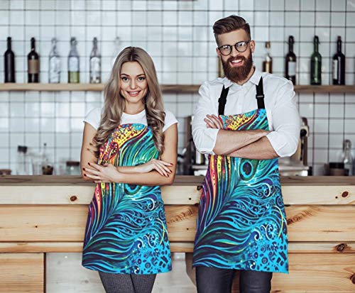 WONDERTIFY Peacock Feather Apron,Abstract Blue Peacocks Feather Bib Apron with Adjustable Neck for Men Women,Suitable for Home Kitchen Cooking Waitress Chef Grill Bistro Baking BBQ Crafting Apron