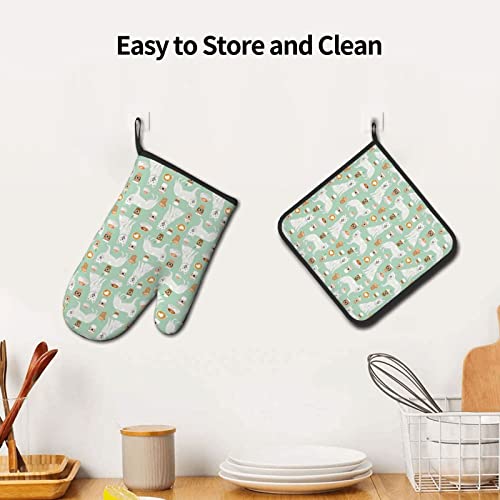 White Shepherd White German Shepherds Coffees Design Oven Mitts and Pot Holders,Cooking Gloves, Kitchen Counter Safe Trivet Mats,Heat Resistance