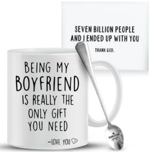 being my boyfriend coffee funny mug – best boyfriend gag gifts – unique valentines day, anniversary or birthday present idea for him from girlfriend – 11 oz tea cup white, spoon and funny card