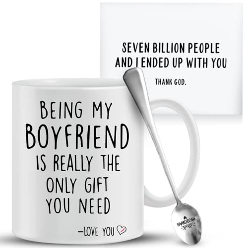 Being My Boyfriend Coffee Funny Mug - Best Boyfriend Gag Gifts - Unique Valentines Day, Anniversary or Birthday Present Idea For Him From Girlfriend - 11 oz Tea Cup White, Spoon and Funny Card