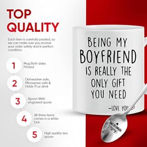 Being My Boyfriend Coffee Funny Mug - Best Boyfriend Gag Gifts - Unique Valentines Day, Anniversary or Birthday Present Idea For Him From Girlfriend - 11 oz Tea Cup White, Spoon and Funny Card