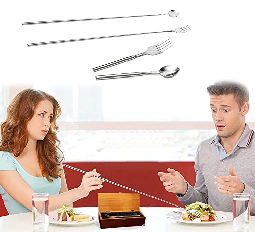 Funny Gag Gift Long Handle Extendable Fork & Spoon Set, Stocking Stuffer, Telescopic Extendable Dinner BBQ Stainless Steel Flatware Cutlery Meat Grill Barbeque, Novelty Grilling Parties - Extends 25"!