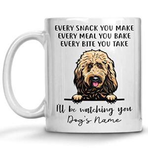 personalized goldendoodle coffee mug, every snack you make i’ll be watching you, customized dog mugs for mom dad, gifts for dog lover, mothers day, fathers day, birthday presents