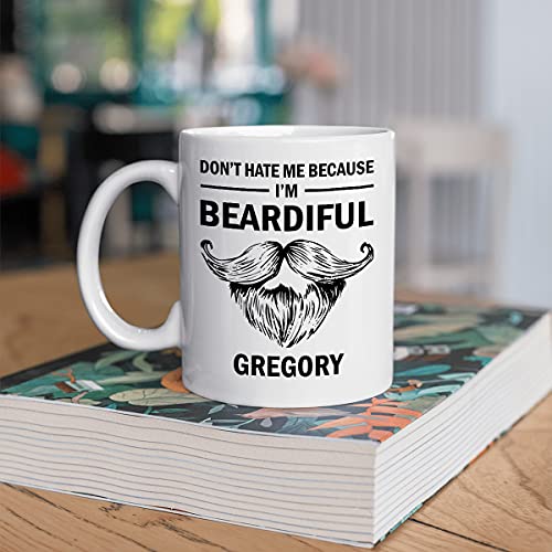 The Tea and Coffee House Personalized Dont Hate Me Because I Am Beardiful Mug, Funny Mug For Men, Unique Gift Idea Dad, Grandpa, Uncle, Boyfriend, Custom With Name On Birthday, White, 11, 15oz