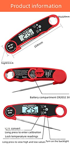 FLYSZQ Digital Instant Read Meat Thermometer,Foldable Probe with Backlight,Waterproof and Calibration,Thermometer for Food Cooking,Grilling,Baking (Red)